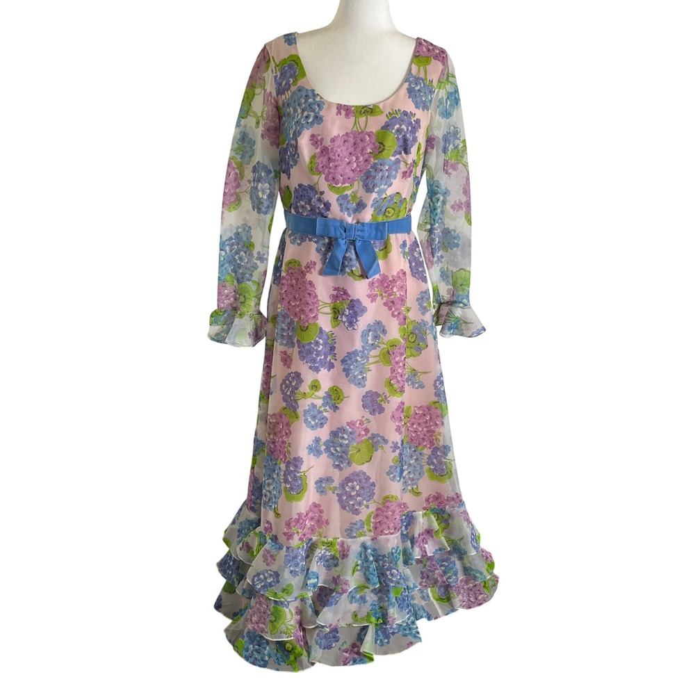 Miss Elliette Maxi Dress Womens Large Pink Floral Vintage 70s Ruffle Chiffon